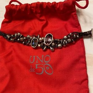 Uno de 50 bracelet, purple and blue crystals, leather